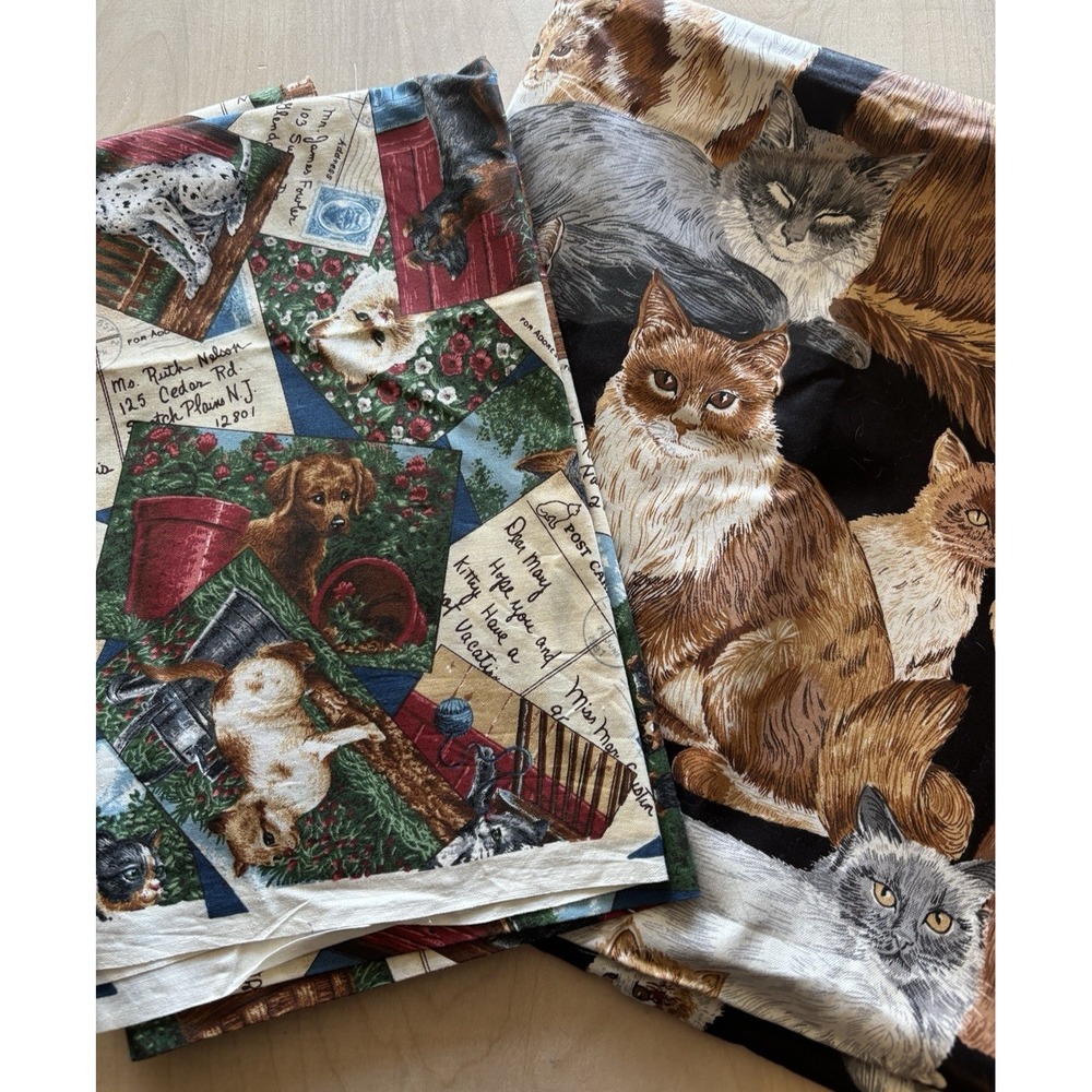 Vtg Cranston Fabric Kitten Cat Dog Puppy Postcards LOT of 2 Cotton 1+ Yard